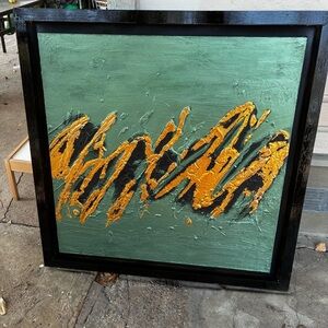 Live Abstract Turquoise and Gold Framed Canvas Artwork